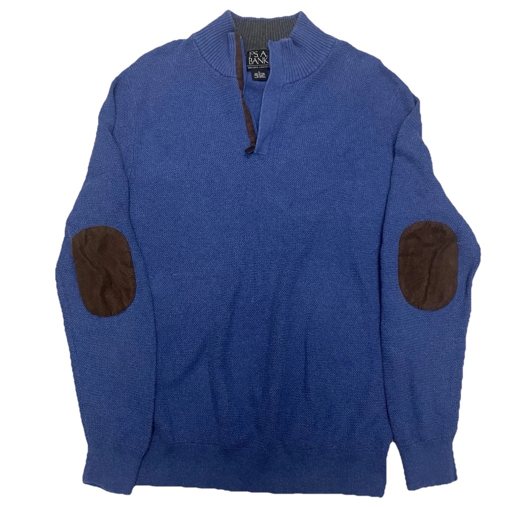 Jos. A. Bank Executive Collection Blue 1/4 Zip Sweater with Brown Elbow Patches